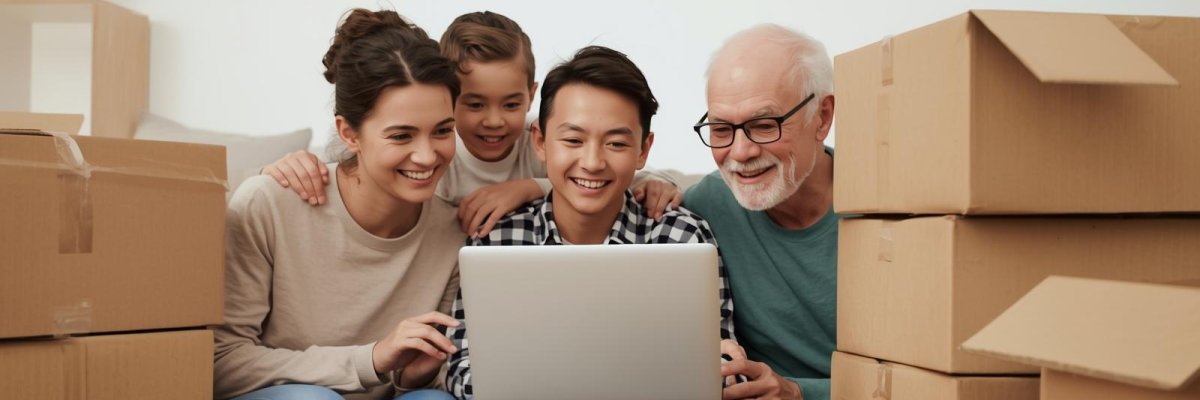 Familie zwischen Umzugskisten mit einem Laptop