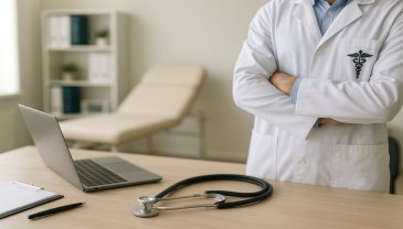 Person im Artzkittel steht vor einem Schreibtisch mit Laptop und Stethoskos